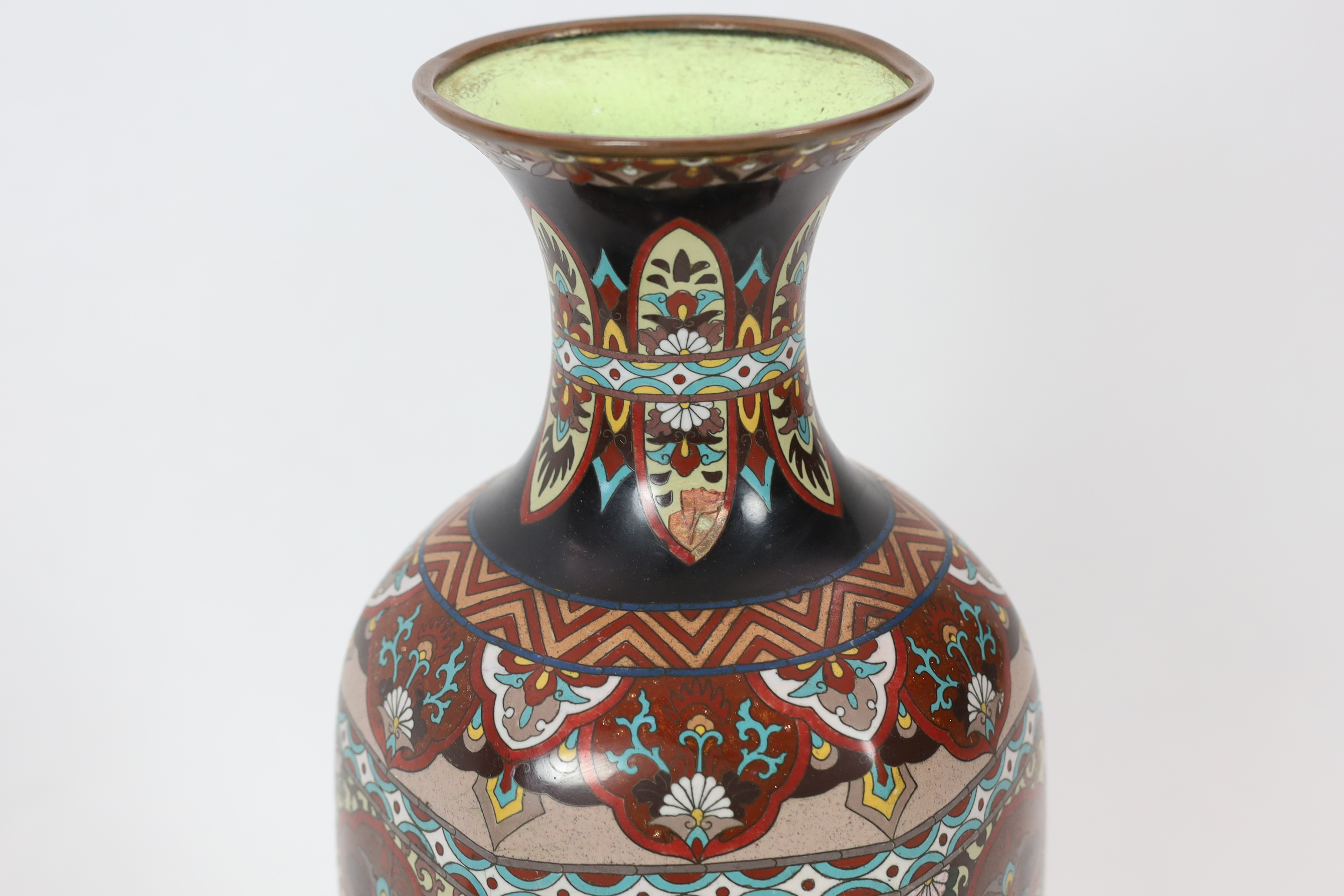 A pair of large Japanese Kyoto cloisonné enamel hexagonal baluster vases, early 20th century, minor damage